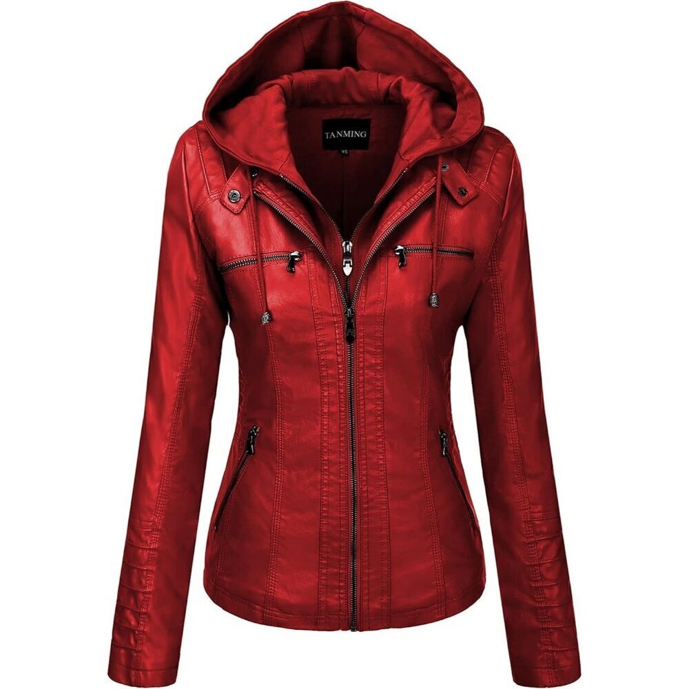 Women's Wine Red Hooded Moto Biker Outerwear Fall Fashion Faux Leather Jacket